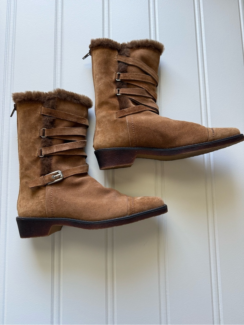 Stuart Weitzman Boots Womens 7M Brown Suede Mid Calf Fur